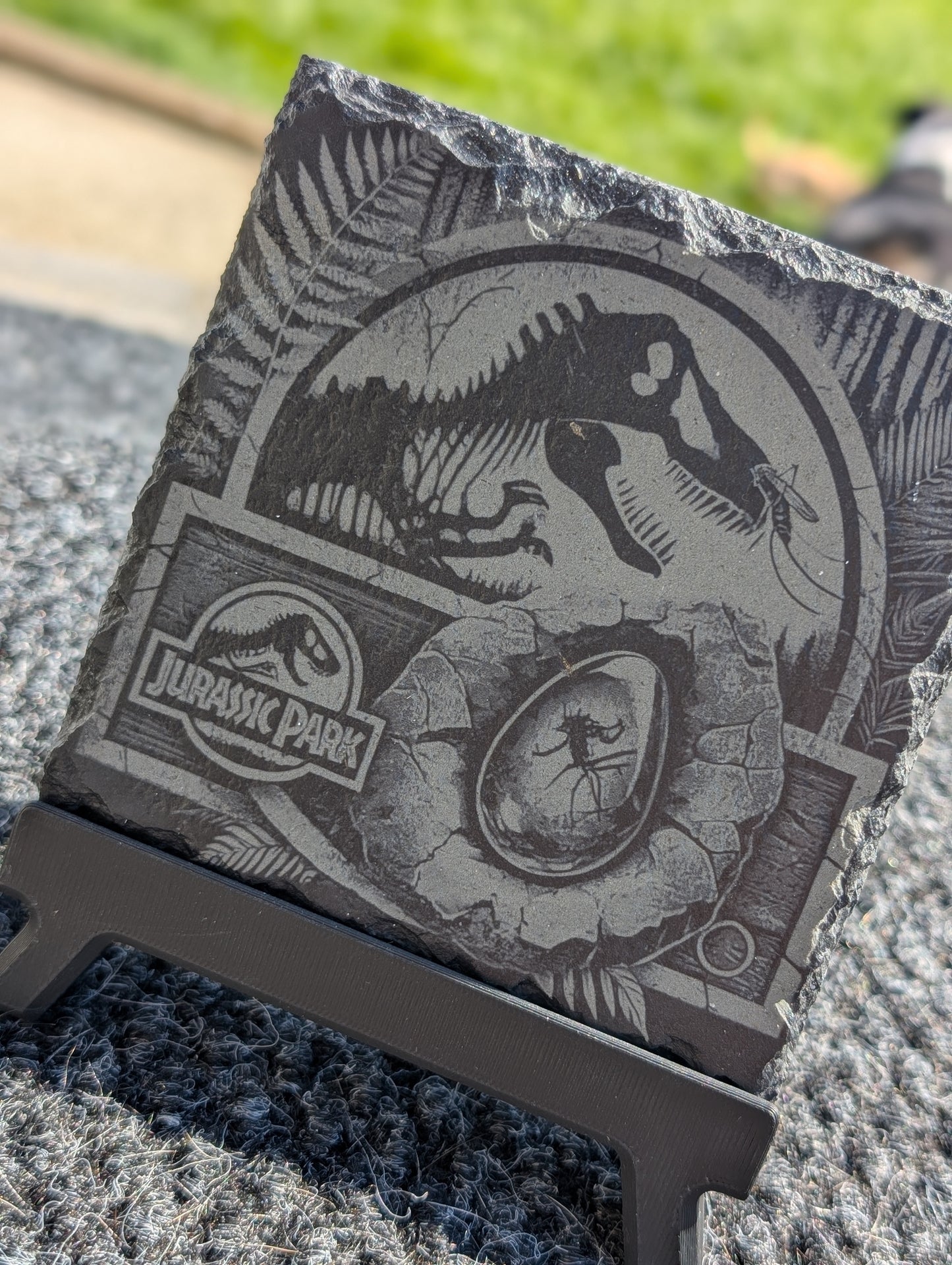 Prehistoric Silhouette Coaster – Hyper‑Realistic Dino Skeleton & Amber Fossil on Slate