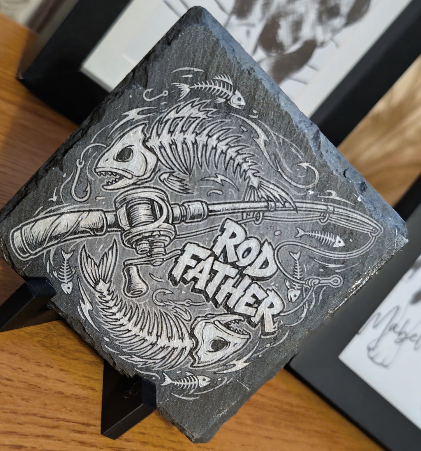 Rod Father™ Engraved Slate Coaster – Funny Fishing Gift for Dad, Angler, or Cabin Decor