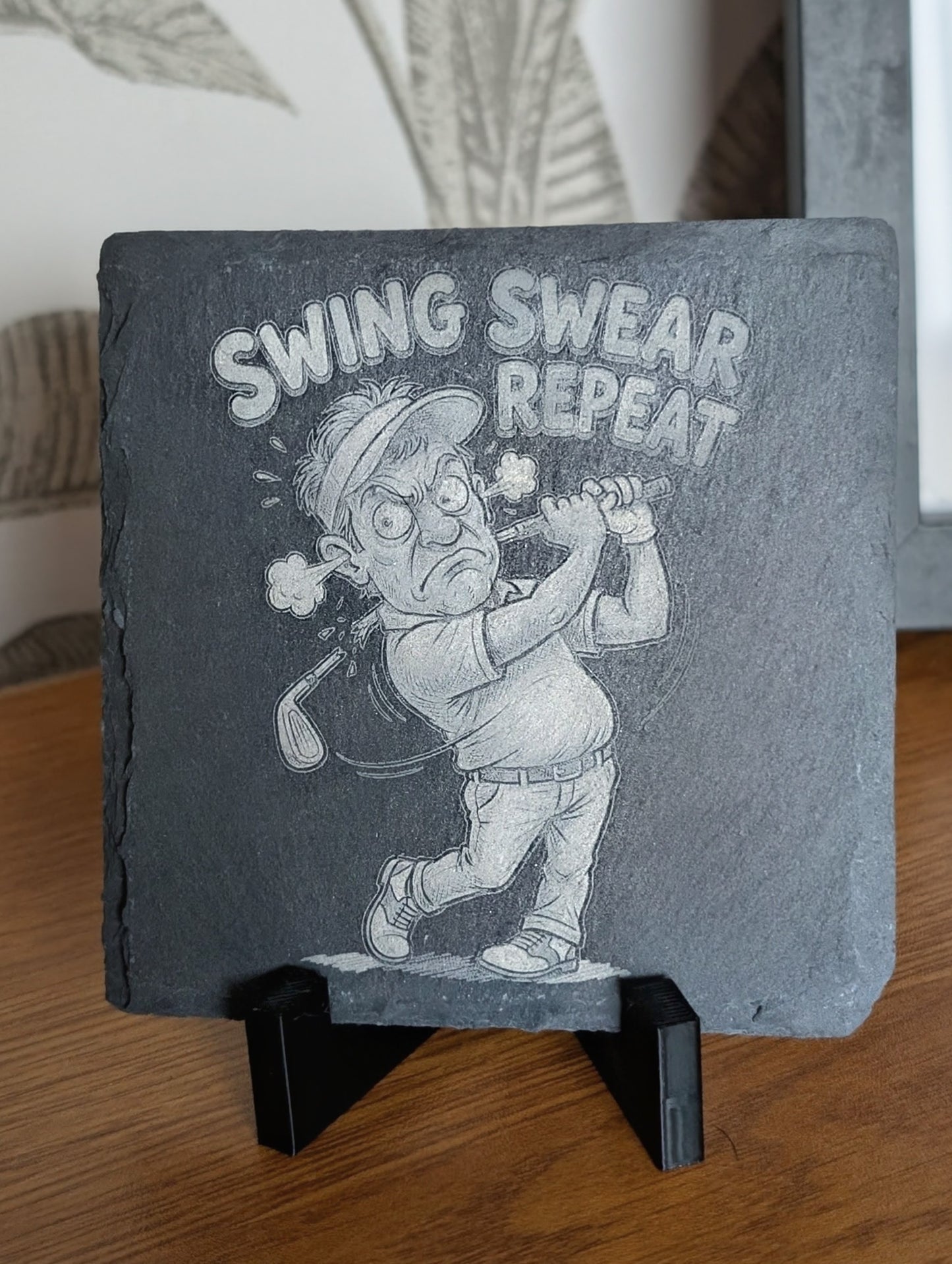 Engraved Slate Coaster – Swing Swear Repeat - Premium Deep Engraved Gift for Golfers