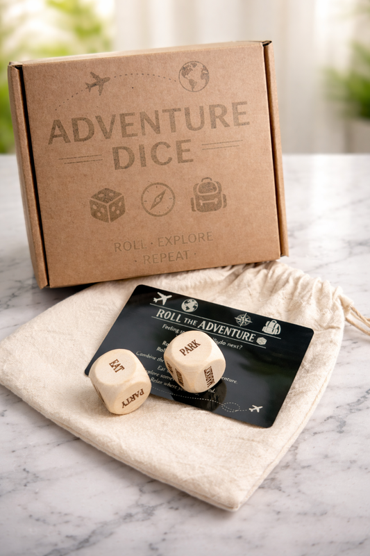 Traveller's Edition Dice Gift Set - Personalised Engraved Dice & Metal Adventure Card with Handcrafted Pouch