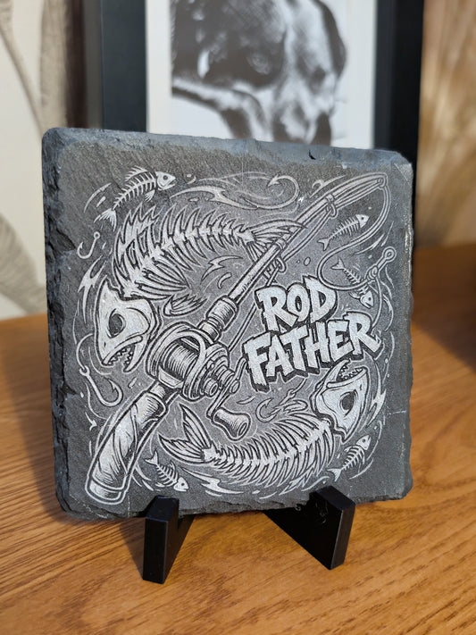 Rod Father™ Engraved Slate Coaster – Funny Fishing Gift for Dad, Angler, or Cabin Decor
