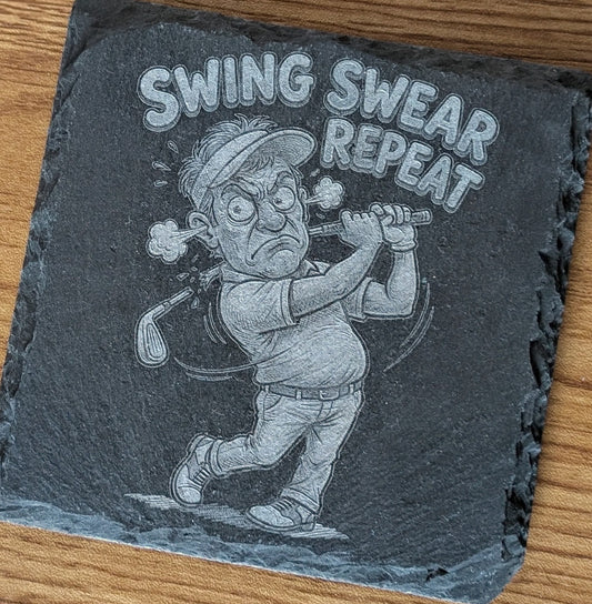 Engraved Slate Coaster – Swing Swear Repeat -  Premium Deep Engraved Gift for Golfers